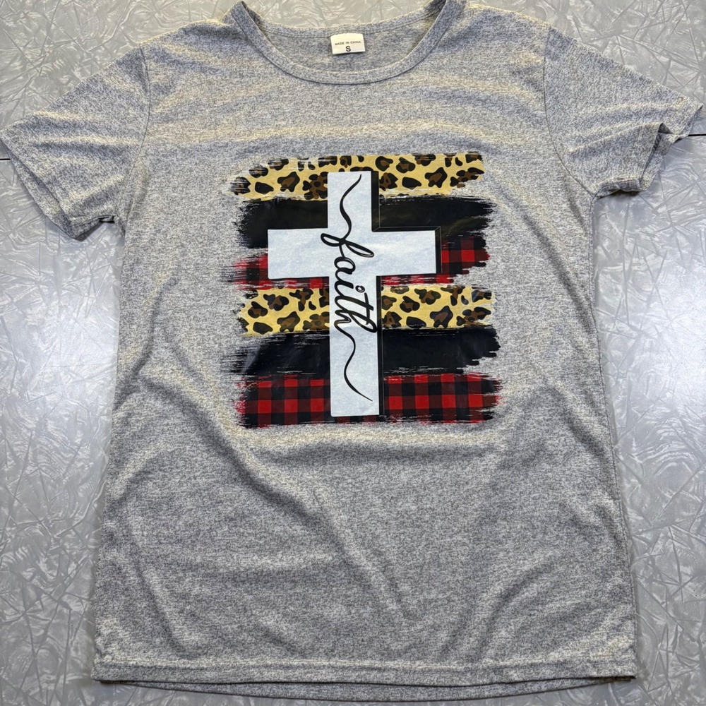 Womens Faith Cross Graphic T-Shirt Gray Leopard Buffalo Plaid Short Sleeve Small